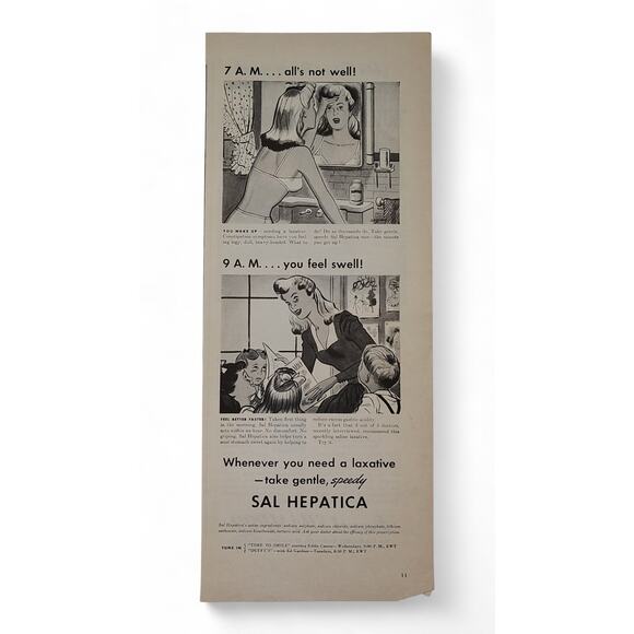 1943 Sal Hepatica Print Ad 7AM Not Well 9AM Swell Laxative Humor 1940s Ephemera - Picture 2 of 8